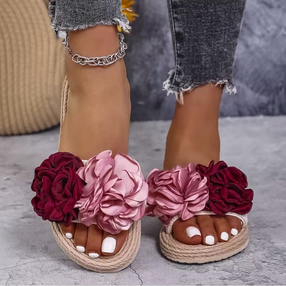 Red and Pink Slide Sandals with Floral Embellishments - Picture 2 of 7